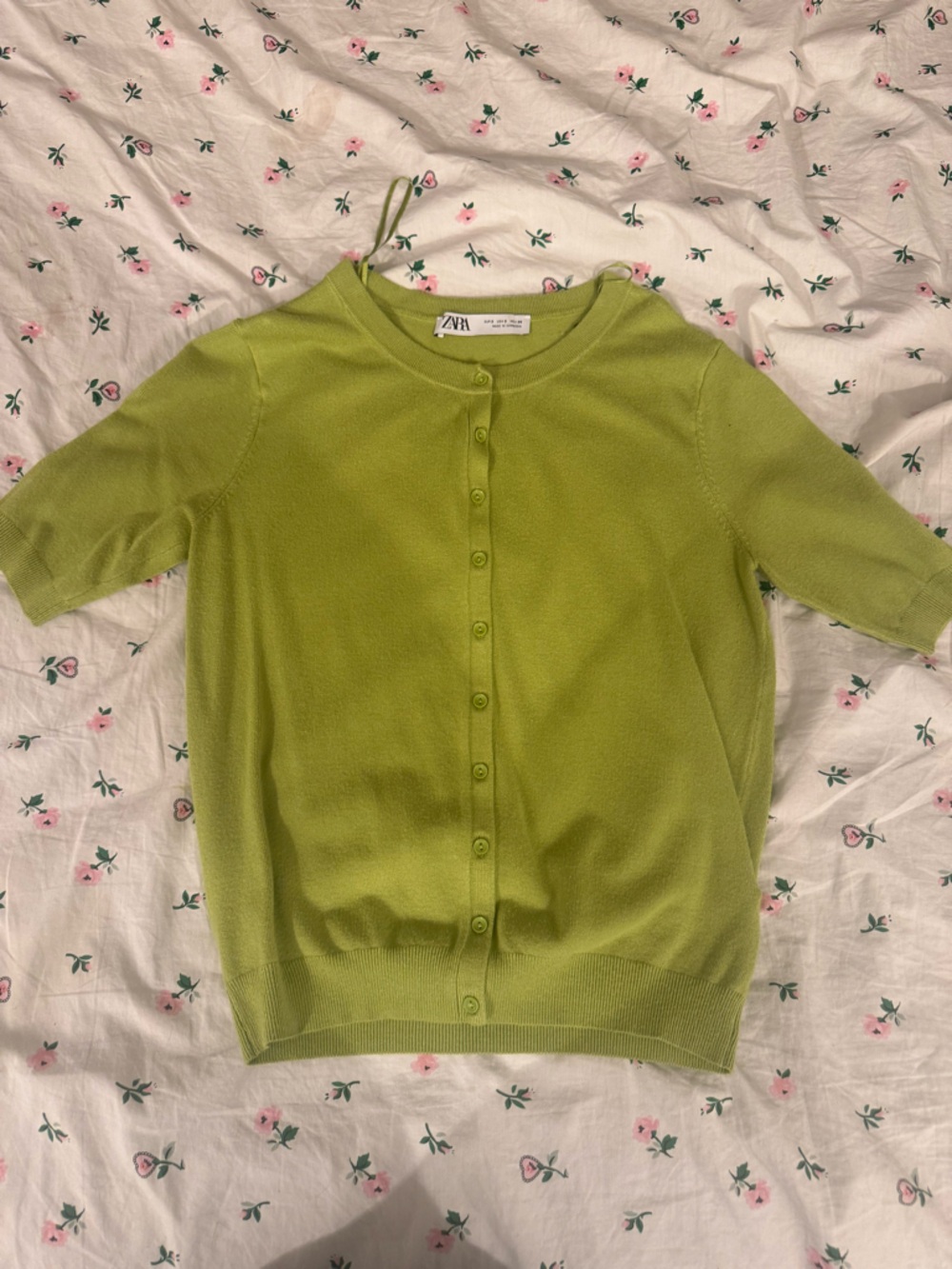 Zara Lime Green Short Sleeve Button-Up Sweater